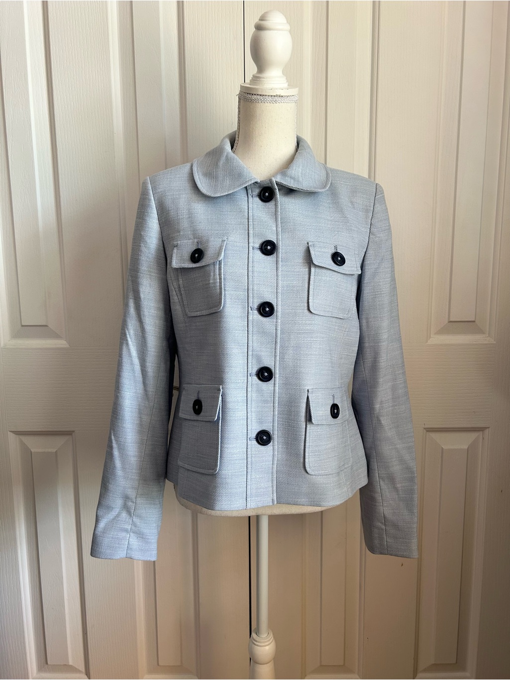 Nwt Karl Lagerfeld Women's Button Front Blazer, 4 Pockets, Light Blue, Size 10